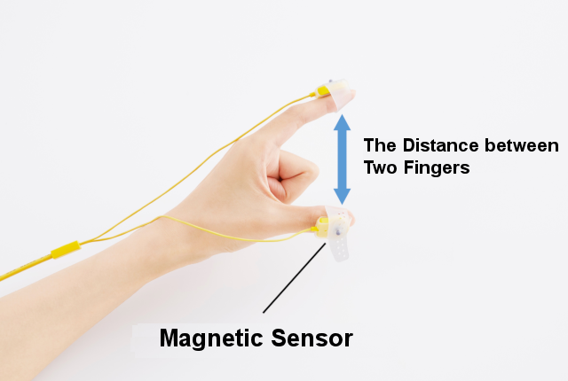 A magnetic sensor attached to the fingertip samples the distance between two fingers at regular intervals to visualize finger movements.